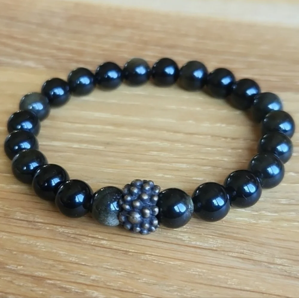 Golden Obsidian Beaded Stretch Bracelet | Handmade